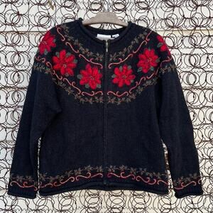 Vintage poinsettia embroidered zipper front ugly holiday Christmas cardigan